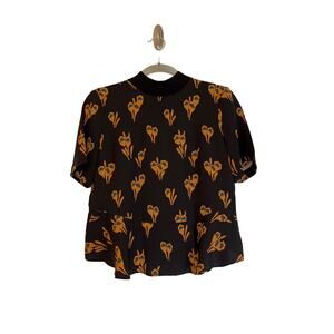 A.L.C. Silk Floral Mock Neck Peplum Blouse Size 4 Black Short Sleeve Hi Lo Hem